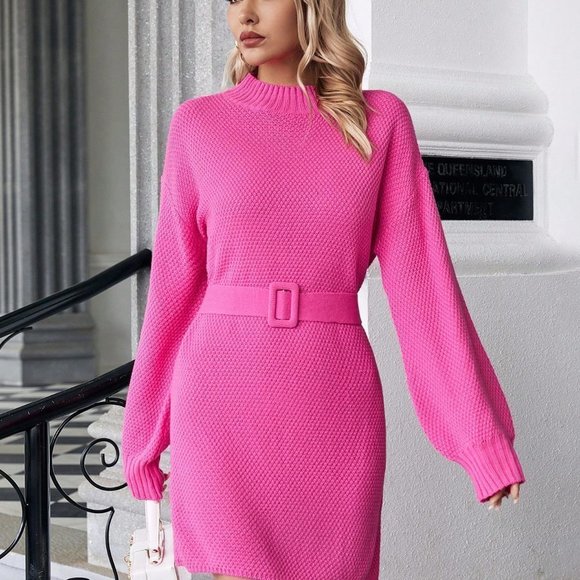 Hot Pink Casual Womens Mock Neck Drop Shoulder Belted Sweater Dress - Picture 4 of 5